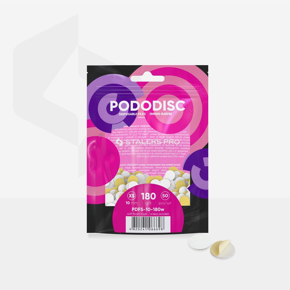 STALEKS PRO: XS PODODISC: WHITE DISPOSABLE FILES SOFT BASE FOR PEDICURE DISC 10MM (180 GRIT-50 PCS)