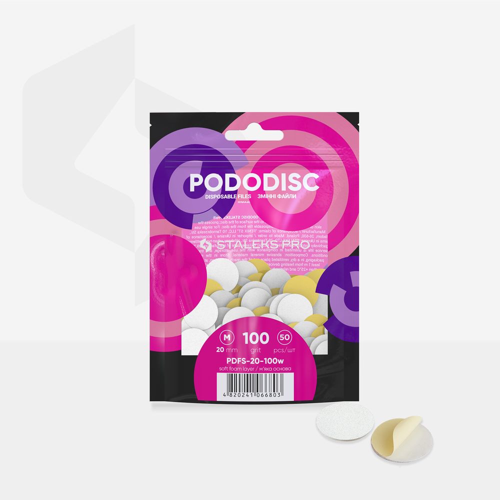 STALEKS PRO M PODODISC WHITE DISPOSABLE FILES SOFT BASE FOR PEDICURE DISC 20MM (100 GRIT-50 PCS) PDFS-20