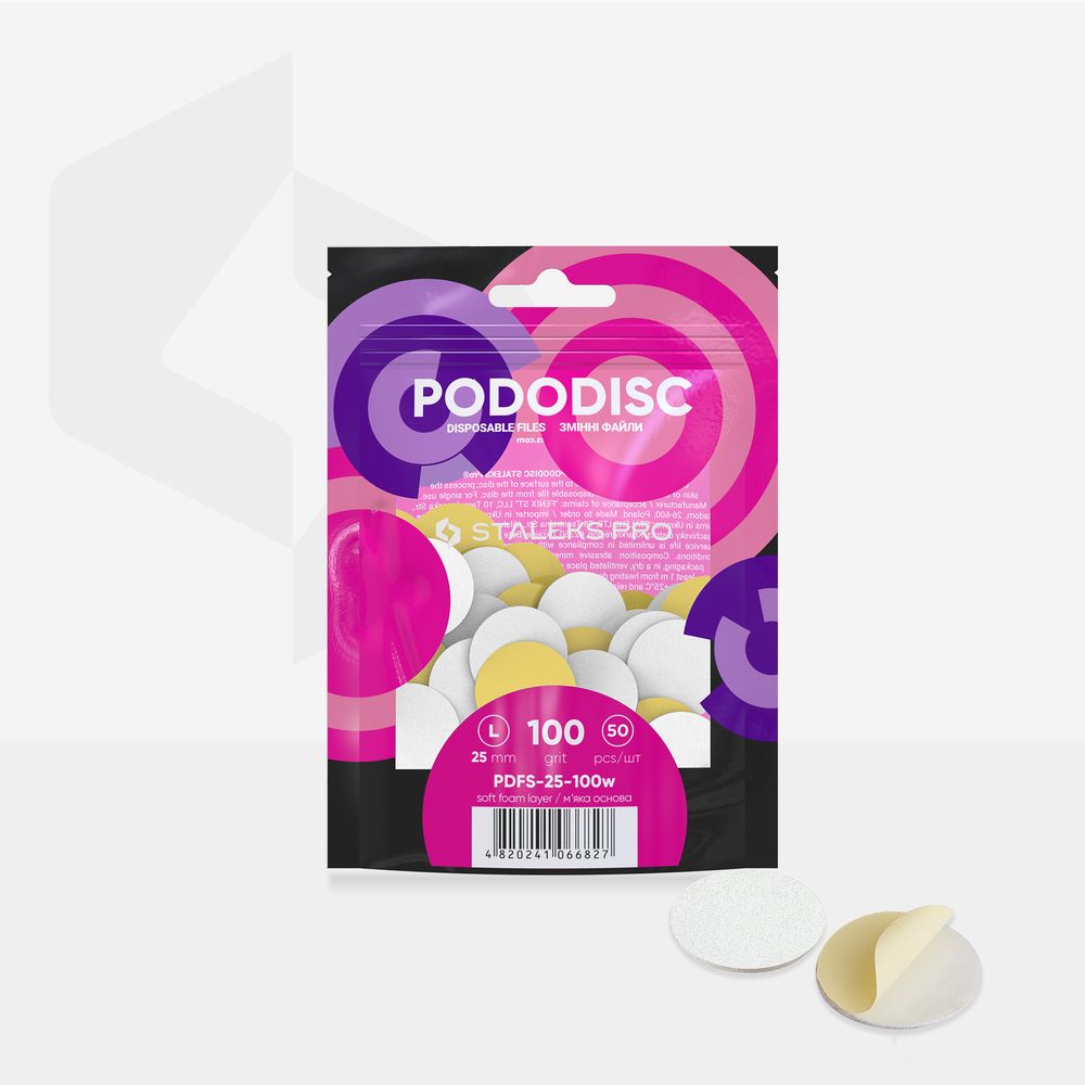 STALEKS PRO: L PODODISC: WHITE DISPOSABLE FILES SOFT BASE FOR PEDICURE DISC 25MM WHITE (100 GRIT-50 PCS)