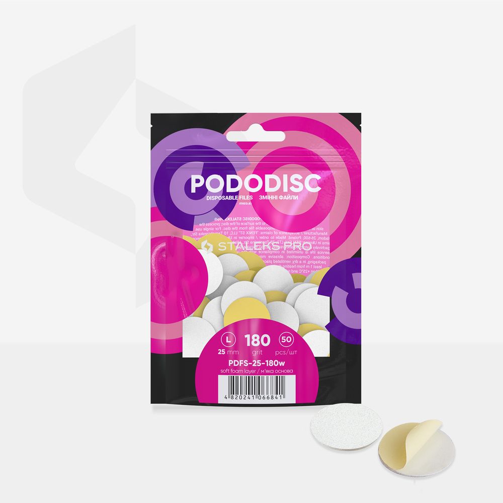 STALEKS PRO: L PODODISC: WHITE DISPOSABLE FILES SOFT BASE FOR PEDICURE DISC 25MM WHITE (180 GRIT-50 PCS)