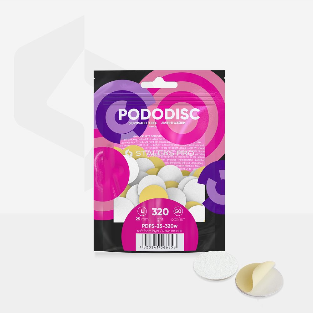 STALEKS PRO: L PODODISC: WHITE DISPOSABLE FILES SOFT BASE FOR PEDICURE DISC 25MM WHITE (320 GRIT-50 PCS)